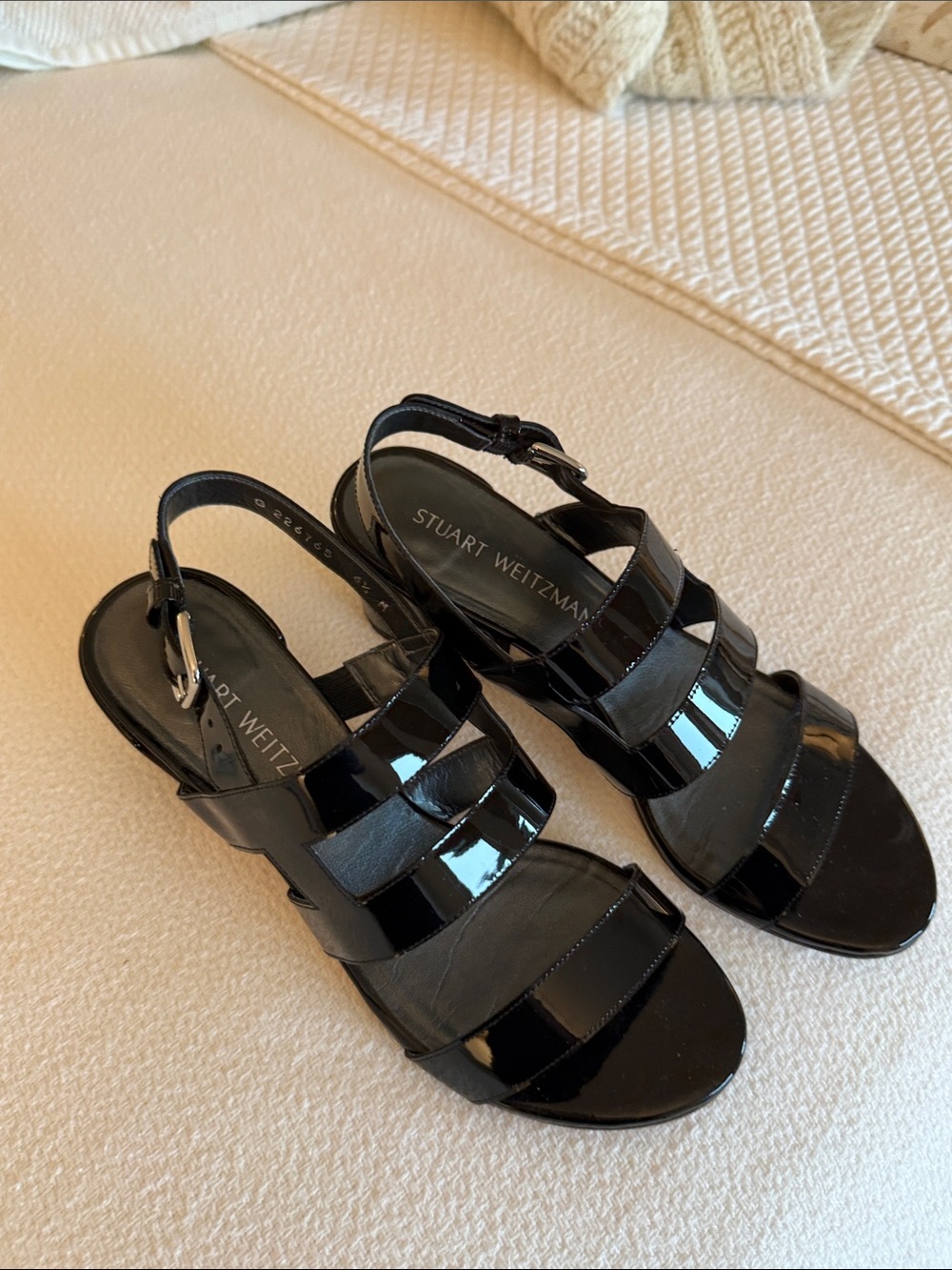 Stuart Weitzman Black Patent Leather Strappy Slingback Sandals